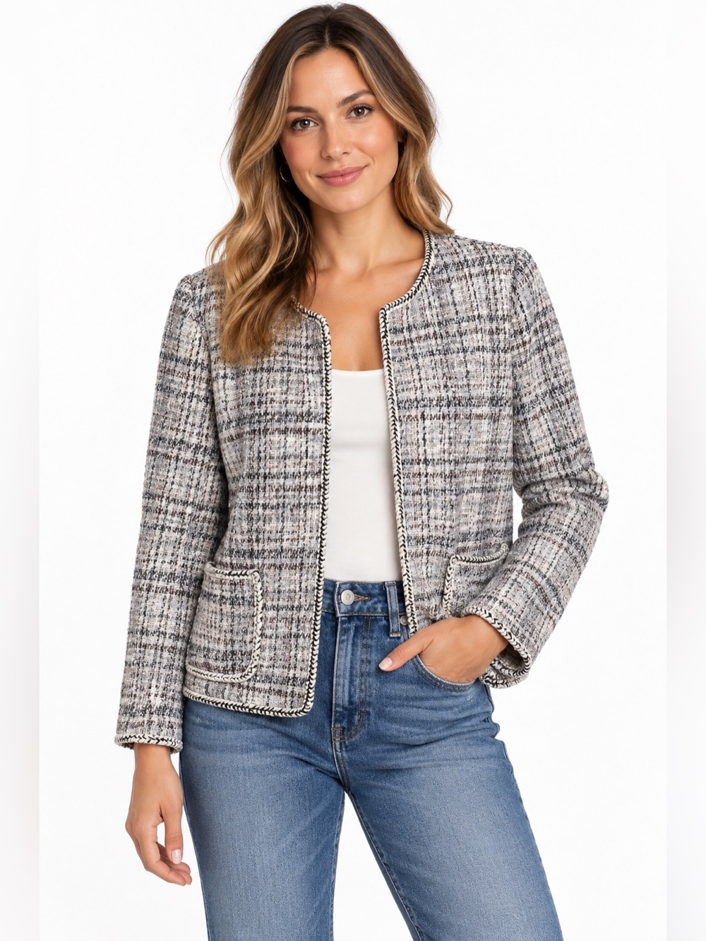 Max Studio Blazer Womens Large Tweed Plaid Open Front Jacket Patch Pockets Gray
